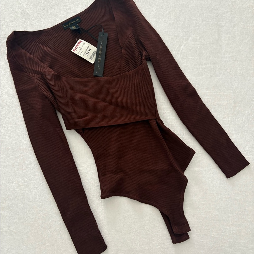 House of Harlow 1960 Ribbed Bandage Wrap Long Sleeve Bodysuit